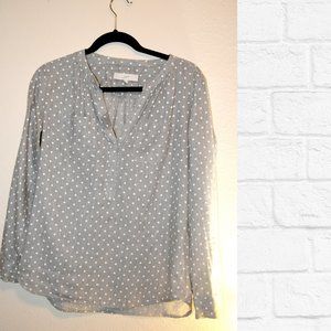 Loft grey polka dot LS blouse with rouched backing